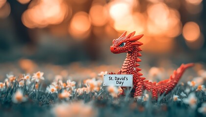 Red dragon holds sign in daffodils, warm blurred bokeh