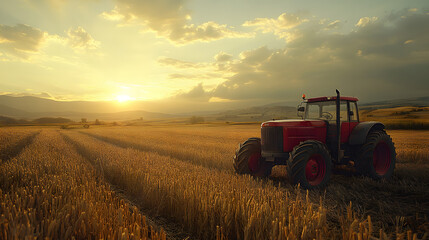Naklejka premium A vibrant sunset over a golden wheat field with a red tractor parked, symbolizing harvest season