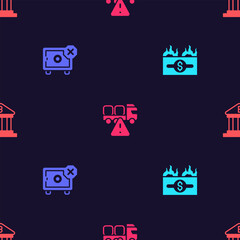 Set Burning dollar bill, Safe, Stop delivery cargo truck and Bank building on seamless pattern. Vector