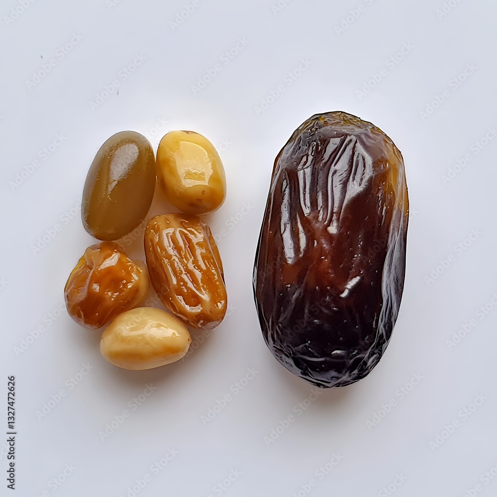 Poster a selection of assorted dates displayed on a white background, showcasing their varying shapes and c