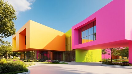 Vibrant modern architecture, colorful building design with yellow and pink fa&ccedil;ades, ideal for creative spaces or events.