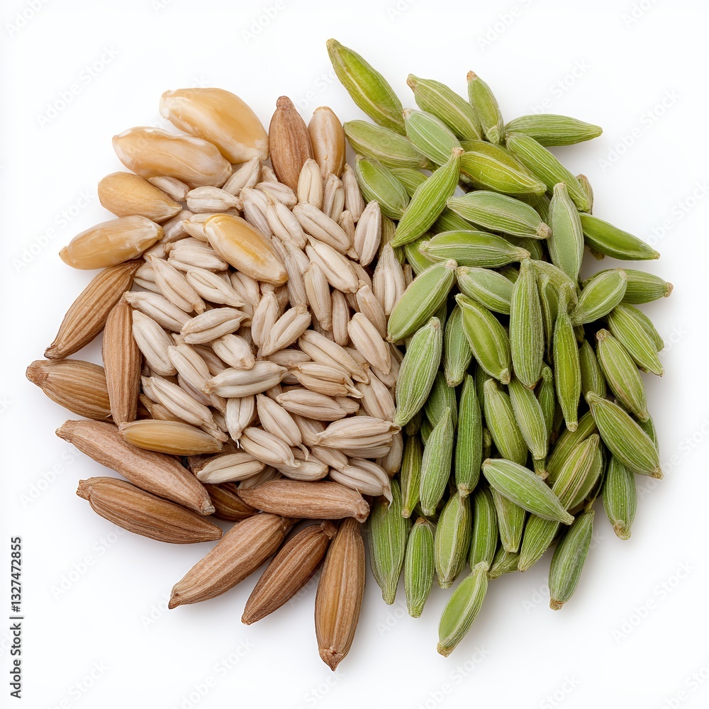 Poster a variety of grains and seeds arranged in a circular pattern, showcasing different textures and colo