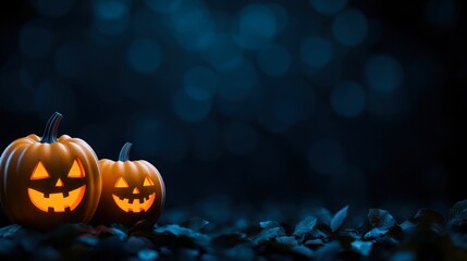 Fototapeta premium Two glowing carved pumpkins sit amidst dark leaves against a blurred blue background, creating a festive Halloween atmosphere, Ideal for seasonal promotions, invitations, or decor inspiration,
