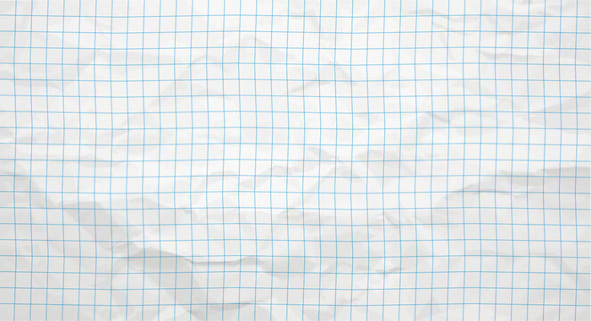 Crumpled grid paper with a squared pattern, graph paper, blank white paper texture background. Vector design. A wrinkled and creased blank paper texture in white, perfect for grunge backdrop design.
