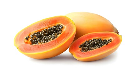 whole and half of ripe papaya fruit with seeds