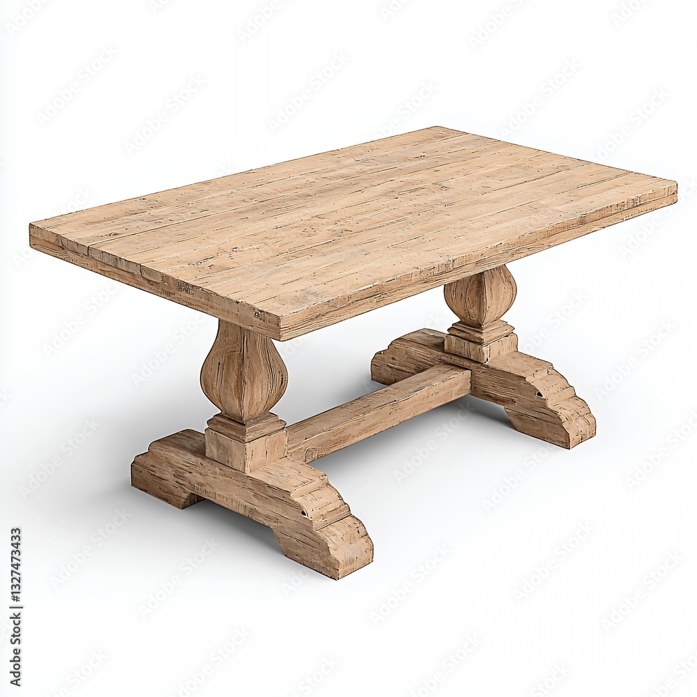 Poster wooden table with a rustic design featuring a sturdy base and a smooth top, ideal for dining or work