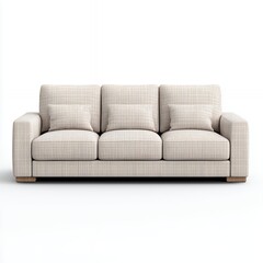 Fototapeta premium Modern sofa with a textured fabric design, featuring three plush cushions and a sturdy wooden base, ideal for stylish living spaces.