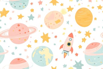 Cute pastel planets, stars, and rockets, seamless pattern for kids' room wallpaper and textiles