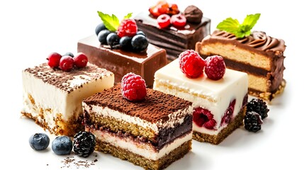 assortment of cakes desserts on white