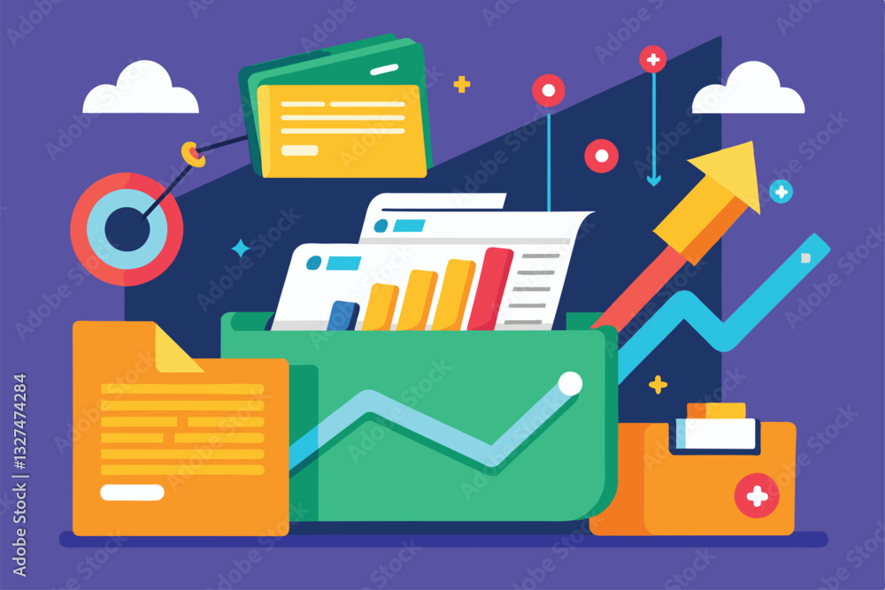 Poster a colorful digital environment showcases data being inserted into a folder with visual elements, the