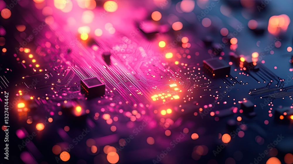 Poster circuit board illuminated with vibrant pink and orange light, glowing components, high-tech aestheti