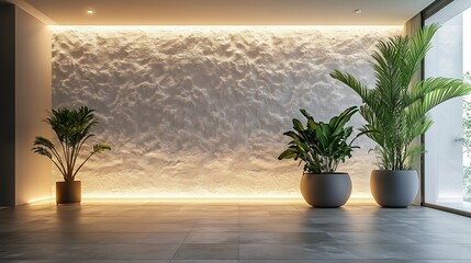 Modern minimalist room with ornamental plants and textured wall with warm lighting. Ai generated