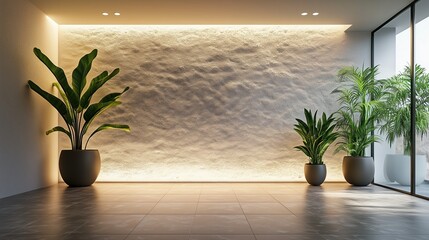 Empty modern room with plants, a textured wall and decorative lighting, creating a relaxing and stylish atmosphere. Ai generated