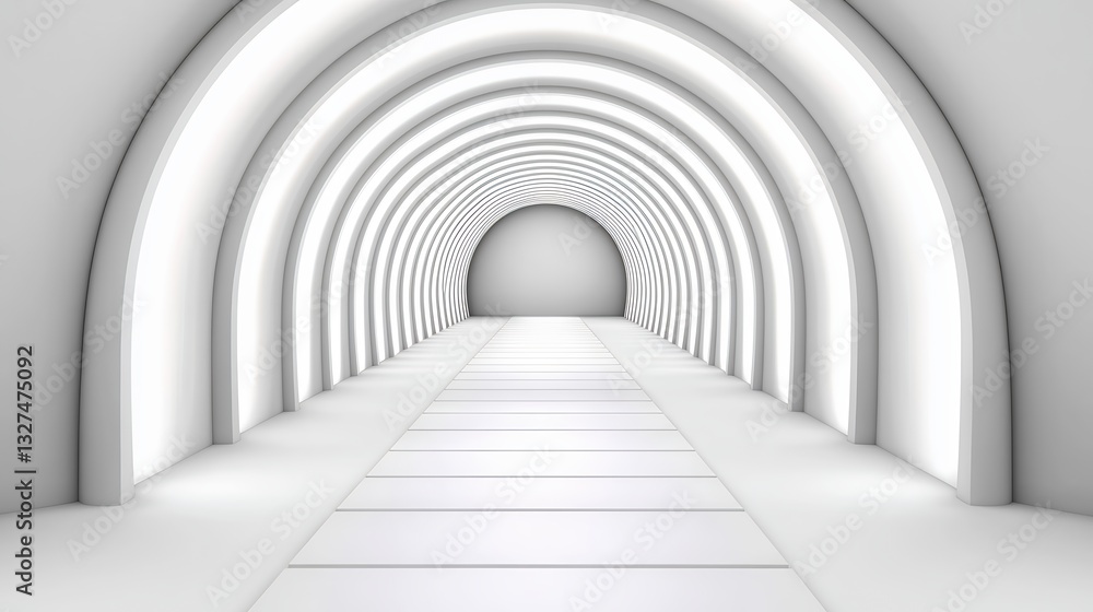 Poster a modern, minimalistic tunnel with soft, glowing lights and a smooth pathway leading into a circular