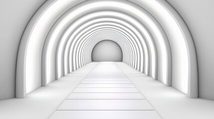Obraz premium A modern, minimalistic tunnel with soft, glowing lights and a smooth pathway leading into a circular archway.