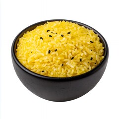A bowl of vibrant yellow rice sprinkled with black seeds, showcasing a delicious and colorful dish perfect for culinary presentations.