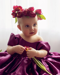 A portrait of a cheerful, beautiful one-year-old girl stands in a burgundy dress at the window of the house. He wears a wreath of flowers on his head