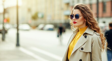 Obraz premium Stylish young caucasian female in sunglasses and trench coat on urban street