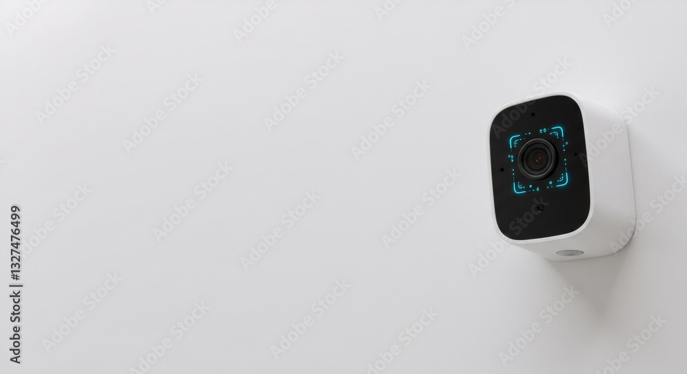 Poster smart home security camera on white wall. modern wireless surveillance device with blue interface. i