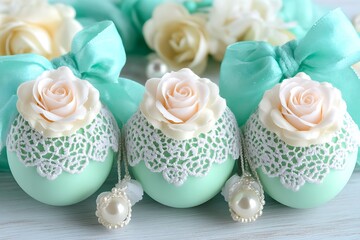 Pastel Eggs with Roses, ribbons, and lace, for decor