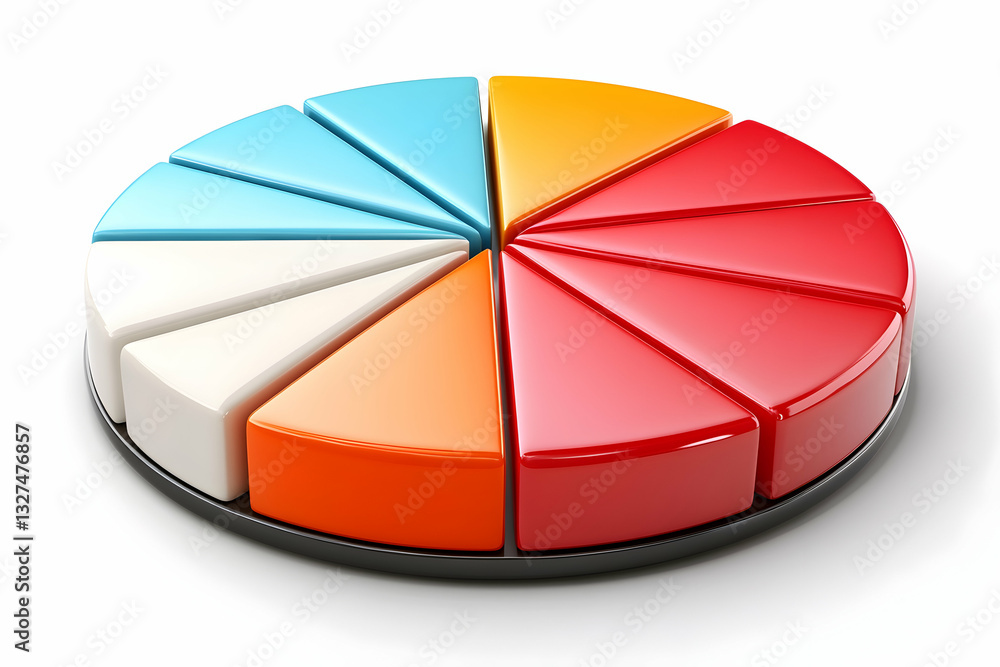 Poster a 3d pie chart divided into twelve colorful segments, showcasing data visualization