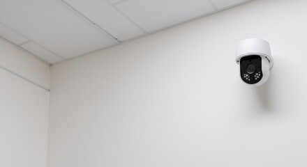 Security camera mounted on white wall corner. Surveillance technology for home or office safety. Modern indoor monitoring system with copy space.