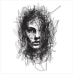 Sketch of female portrait. Doodle drawing. Vector illustration of face. Woman drawn with ink. Line drawing art.