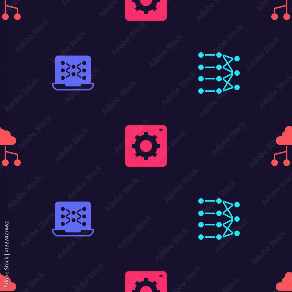 Poster Set Neural network, Computer api interface and Network cloud connection on seamless pattern. Vector
