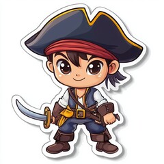 Adorable cartoon illustration of a young boy dressed as a pirate, wielding a sword.  The illustration features vibrant colors and a playful style.