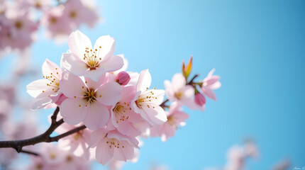 Obraz premium Stunning Delicate Pink Cherry Blossoms Blooming on Tree Branch Against Vibrant Blue Sky - Spring Flowers Nature Beauty Closeup Photography