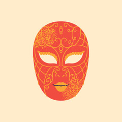 Decorative Venetian carnival masks with ornate patterns and swirls. Flat vector illustration of masquerade masks in pink, gold, and red with festive elements. Carnival and masquerade party concept