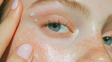 Fototapeta premium Skincare treatment featuring gel application by cosmetologist close-up