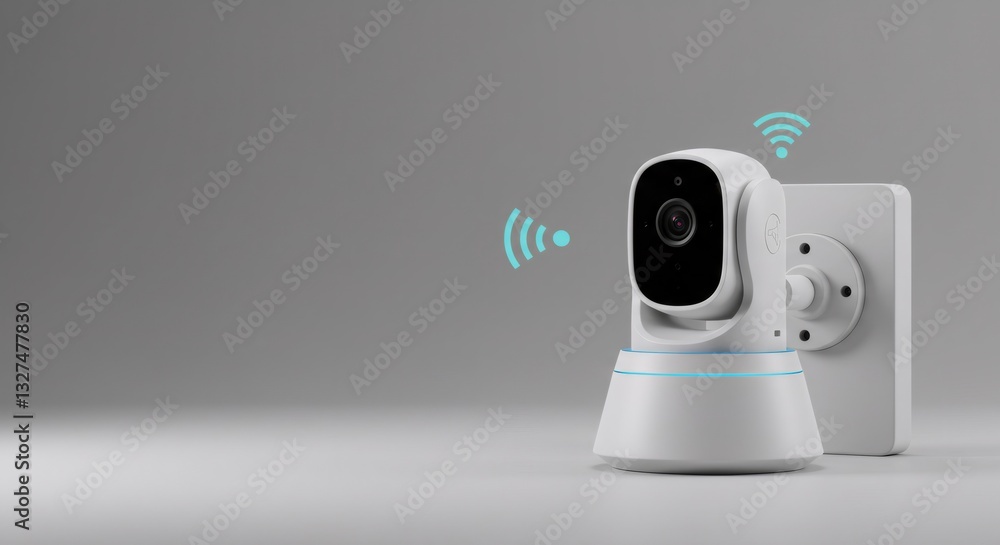 Aufkleber smart home security camera with wifi signal on gray background. wireless surveillance technology for
