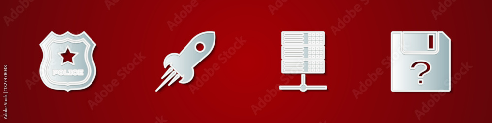 Poster set police badge, rocket ship with fire, server, data, web hosting and unknown document icon. vector