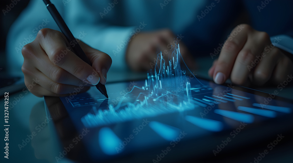 Poster close up of hands analyzing digital business data visualization on tablet with stylus for modern bus