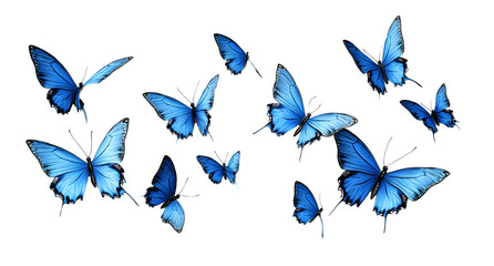 set de papillons bleus sur fond blanc - rendu 3D