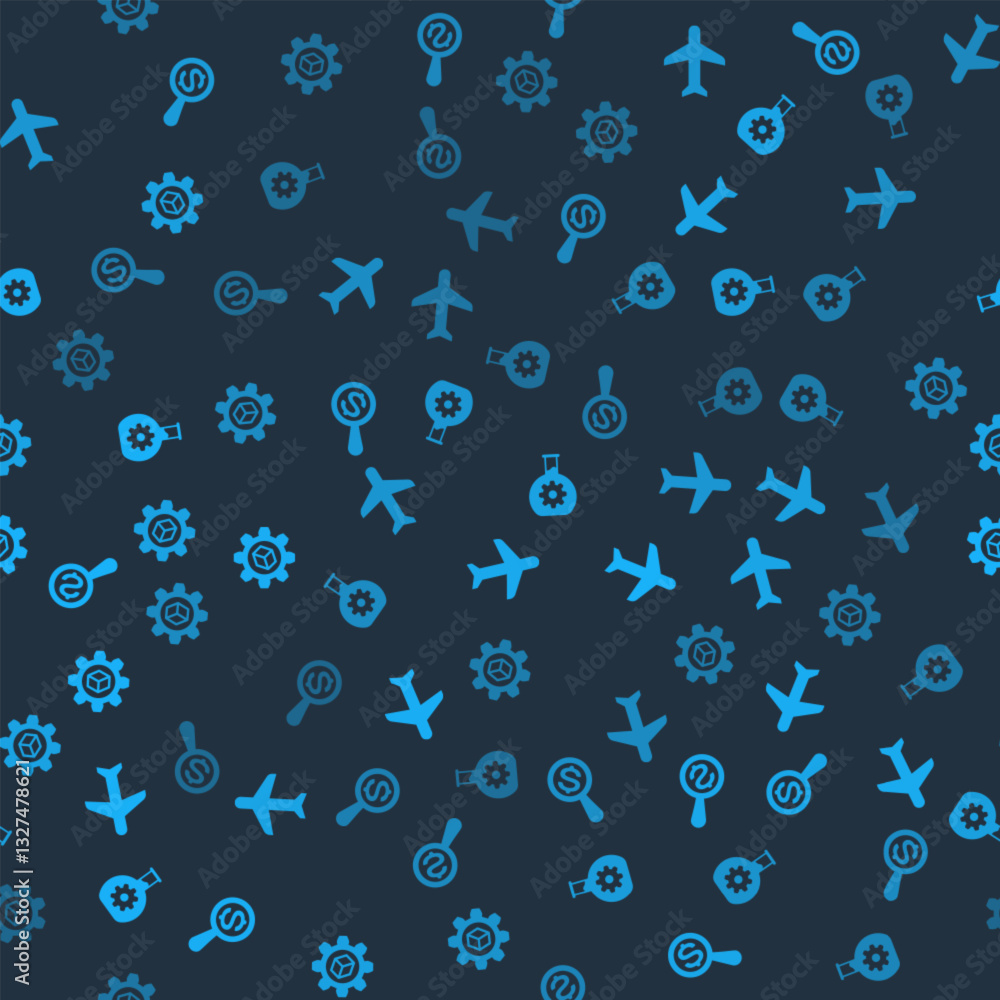 Poster set magnifying glass and dollar, plane, bioengineering and product development on seamless pattern. 