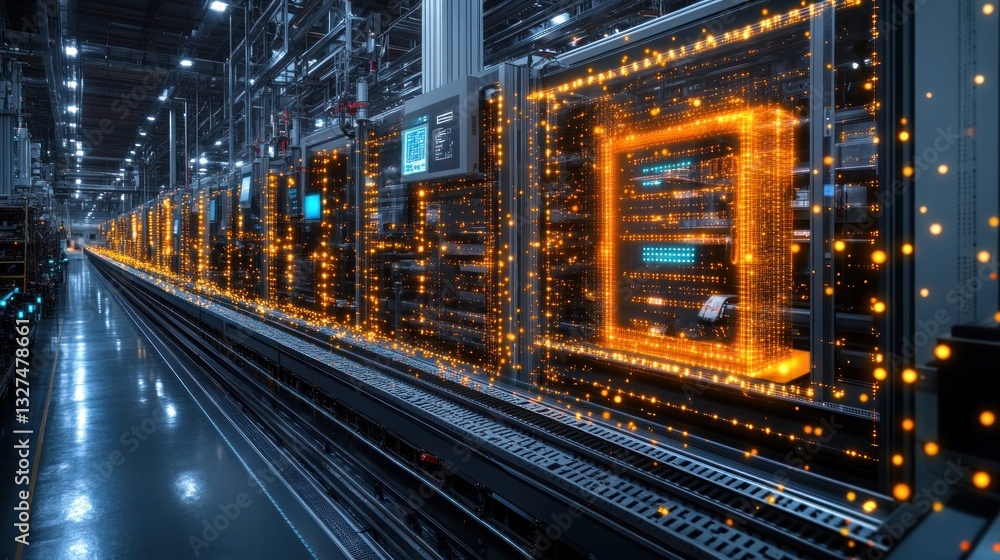 Poster server room with glowing data transfer visualization
