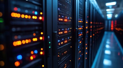 Server room with glowing servers and dark aisle