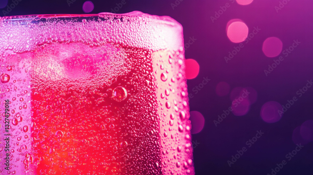 Poster macro view of refreshing wild berry soda texture with bubbles in vibrant light for beverage concepts