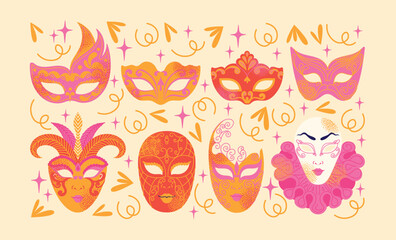 Decorative Venetian carnival masks with ornate patterns and swirls. Flat vector illustration of masquerade masks in pink, gold, and red with festive elements. Carnival and masquerade party concept