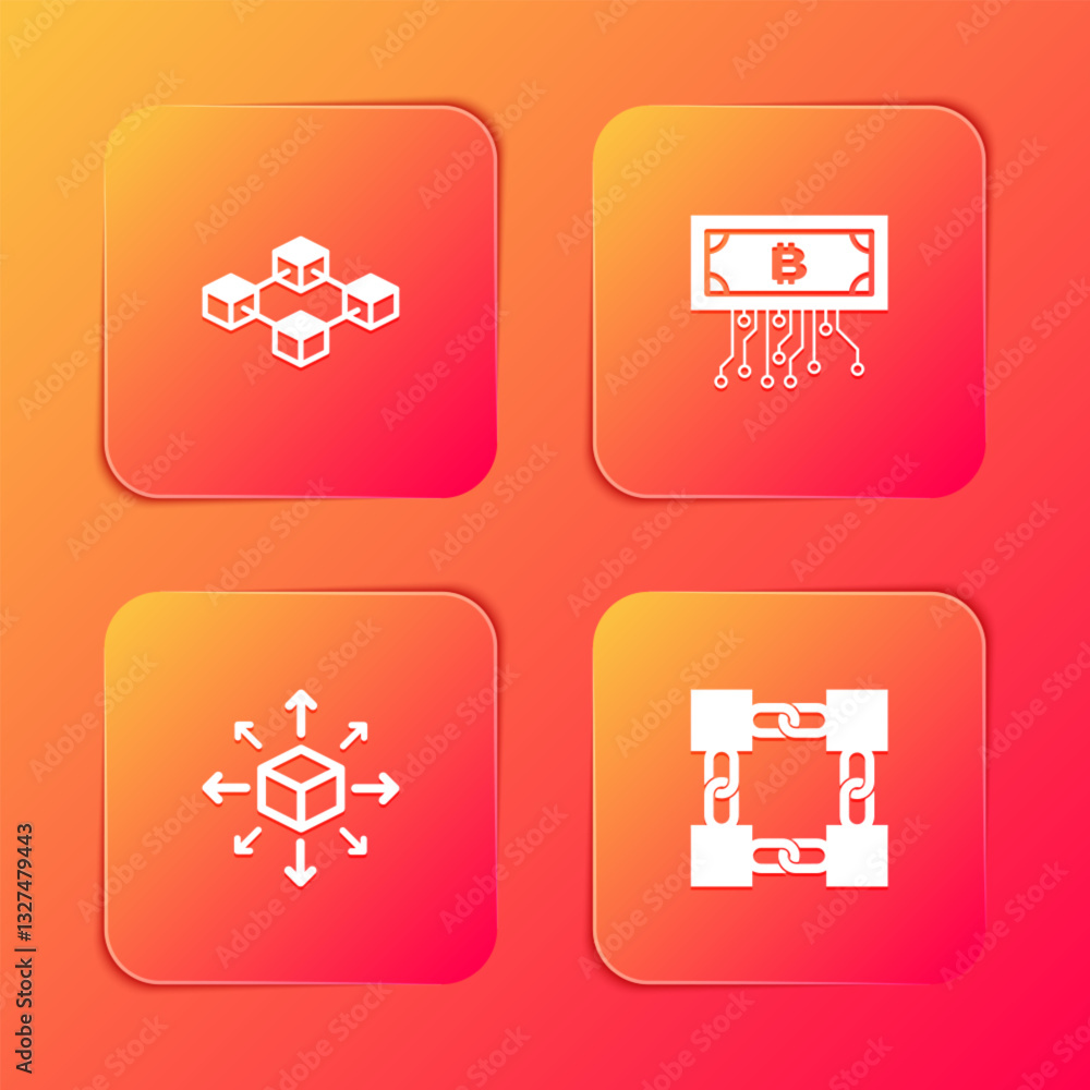 Poster set blockchain technology, cryptocurrency bitcoin with circuit, distribution and icon. vector