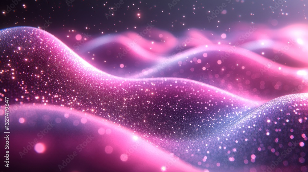 Poster shimmering pink waves with sparkling particles on dark background