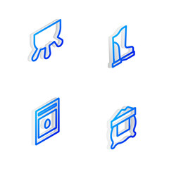 Set Isometric line Waterproof rubber boot, Udder, Pack full seeds plant and Bag flour icon. Vector