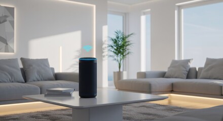 Smart home living room with voice-controlled speaker. Modern interior design with artificial intelligence assistant. Digital technology for home automation concept.