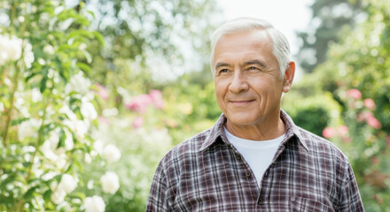 Caucasian elderly male smiling in garden with blooming flowers