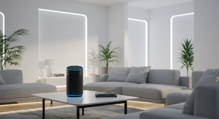 Smart home living room with voice assistant device. Modern interior with connected technology. IoT concept for home automation and digital lifestyle.