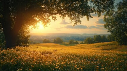 Obraz premium Golden sunset meadow wildflowers tranquil landscape