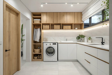 Modern laundry room design with wooden accents, sleek cabinetry, and bright lighting in a contemporary home setting featuring plants and organized storage solutions