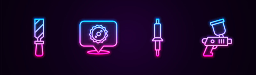 Set line Rasp metal file, Circular saw blade, Soldering iron and Paint spray gun. Glowing neon icon. Vector